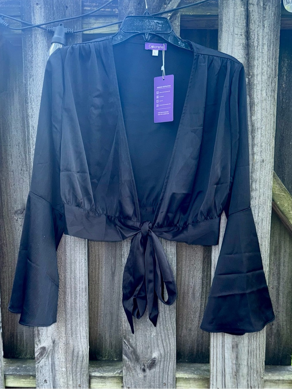 Black Satin Tie-Front Crop Top